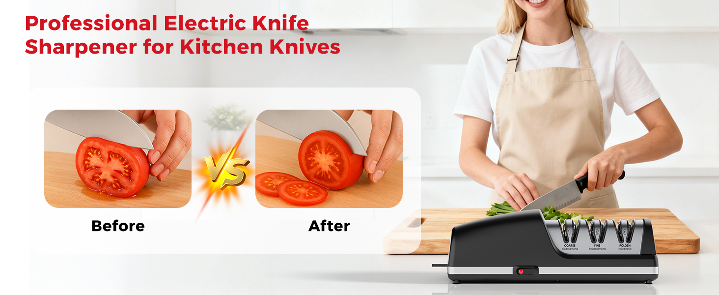 Professional Electric Knife Sharpener, 3-Stage Diamond Abrasive Sharpening System, Replaceable Sharpening Heads, 15° Precision Angle Guide for Kitchen Knives, Quick Blade Repair and Restoration