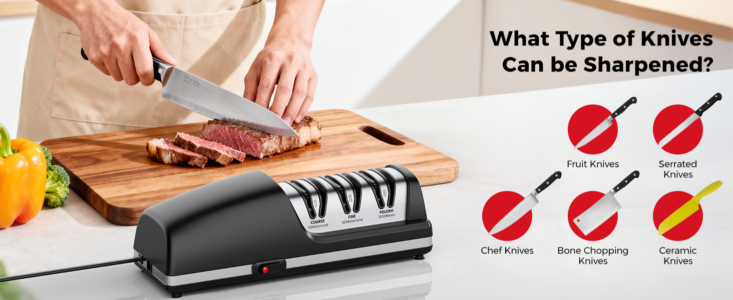 Professional Electric Knife Sharpener, 3-Stage Diamond Abrasive Sharpening System, Replaceable Sharpening Heads, 15° Precision Angle Guide for Kitchen Knives, Quick Blade Repair and Restoration