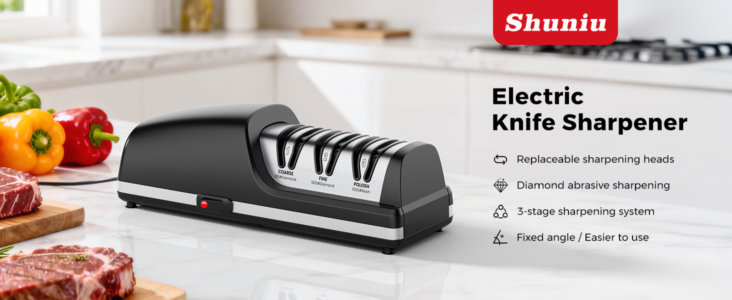 Professional Electric Knife Sharpener, 3-Stage Diamond Abrasive Sharpening System, Replaceable Sharpening Heads, 15° Precision Angle Guide for Kitchen Knives, Quick Blade Repair and Restoration