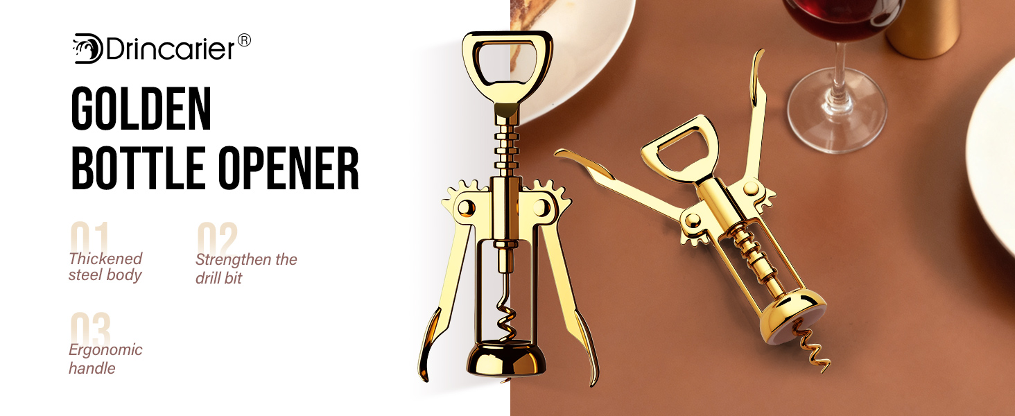 Gold Wine Opener, Zinc Alloy Premium Wing Corkscrew with Multifunctional Bottles Opener, Sharp Wine Corkscrew