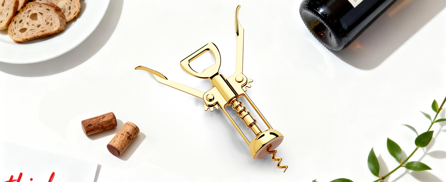 Gold Wine Opener, Zinc Alloy Premium Wing Corkscrew with Multifunctional Bottles Opener, Sharp Wine Corkscrew