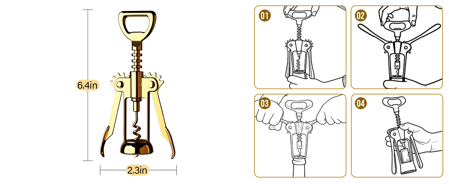 Gold Wine Opener, Zinc Alloy Premium Wing Corkscrew with Multifunctional Bottles Opener, Sharp Wine Corkscrew