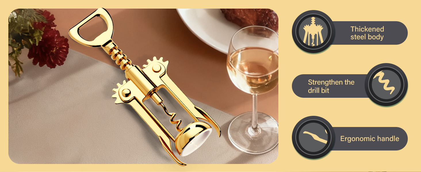 Gold Wine Opener, Zinc Alloy Premium Wing Corkscrew with Multifunctional Bottles Opener, Sharp Wine Corkscrew