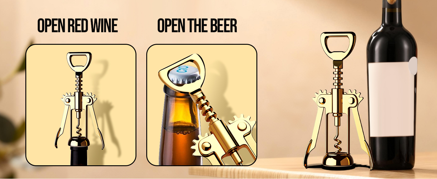 Gold Wine Opener, Zinc Alloy Premium Wing Corkscrew with Multifunctional Bottles Opener, Sharp Wine Corkscrew