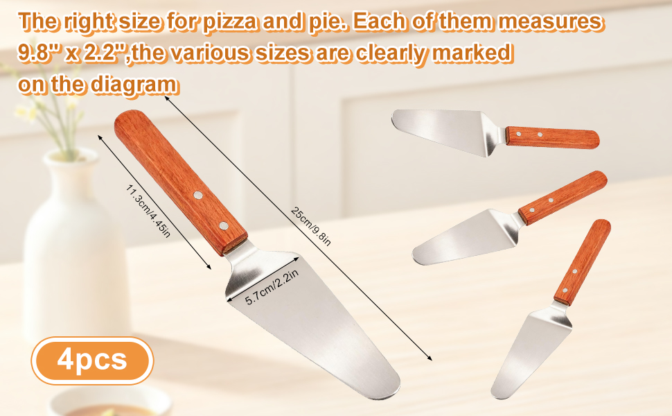 4 Pack Stainless Steel Pizza Servers with Wooden Handle, Pizza Cutter Cake Cutter Triangular Spade Pie Pastry Spatula for Tart, Dessert