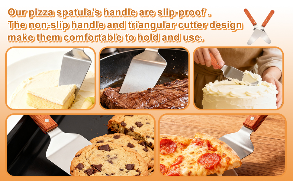 4 Pack Stainless Steel Pizza Servers with Wooden Handle, Pizza Cutter Cake Cutter Triangular Spade Pie Pastry Spatula for Tart, Dessert