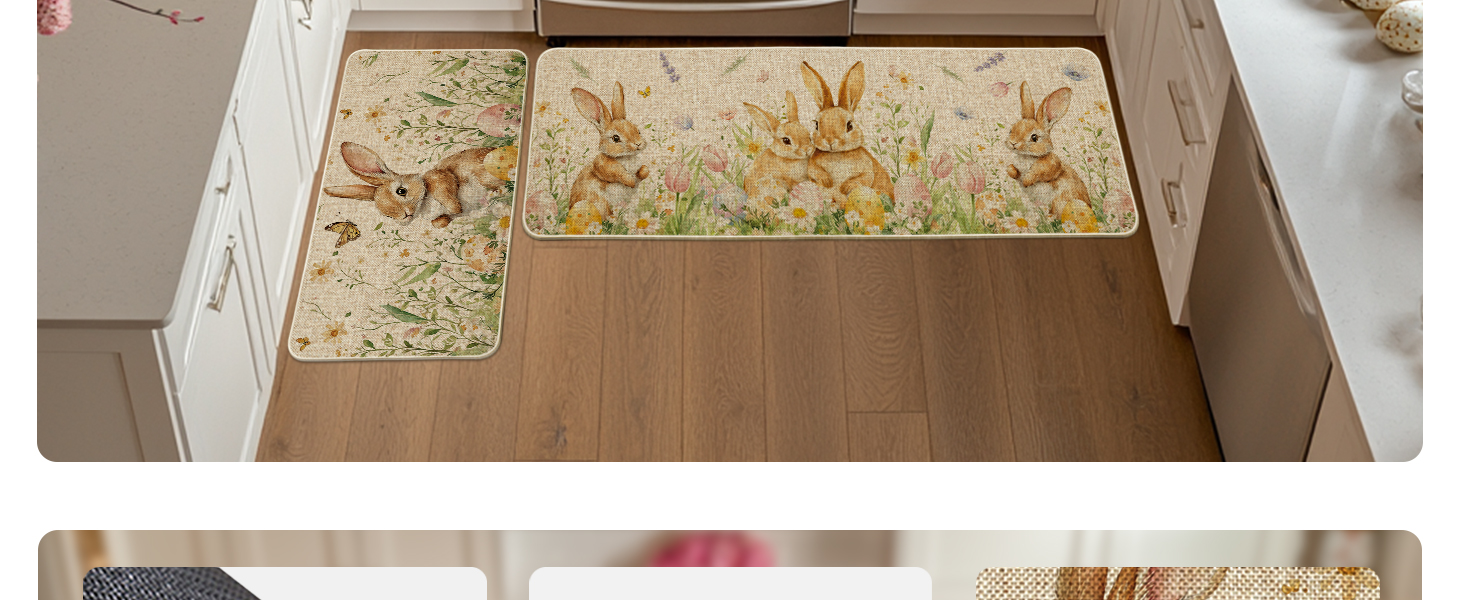 Artoid Mode Rabbit Bunny Tulip Flowers Easter Kitchen Mats Set of 2, Spring Home Decor Low-Profile Kitchen Rugs for Floor - 17x29 and 17x47 Inch