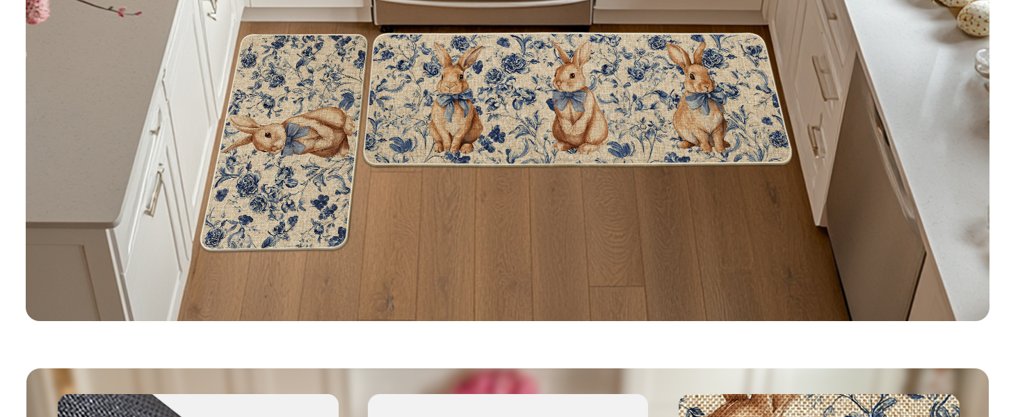 Artoid Mode Rabbit Bunny Chinoiserie Flowers Easter Kitchen Mats Set of 2, Spring Home Decor Low-Profile Kitchen Rugs for Floor - 17x29 and 17x47 Inch