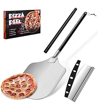 Joyfair 12 Inch Perforated Pizza Peel Aluminum Pizzas Spatula, Metal Pizza Paddle with Rocker Cutter Pizza Oven Accessories Turning Tool Set, 38.5”- 49” Long Detachable Handles (SS Handle)
