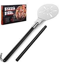 Joyfair 12 Inch Perforated Pizza Peel Aluminum Pizzas Spatula, Metal Pizza Paddle with Rocker Cutter Pizza Oven Accessories Turning Tool Set, 38.5”- 49” Long Detachable Handles (SS Handle)
