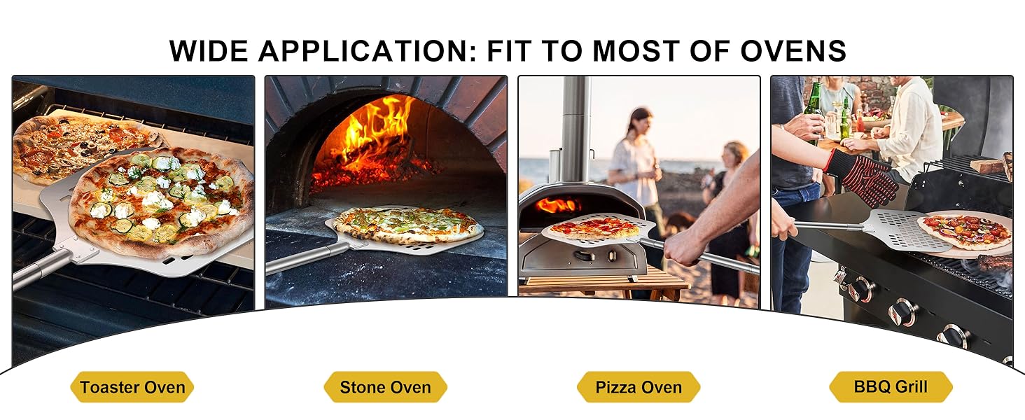 Joyfair 12 Inch Perforated Pizza Peel Aluminum Pizzas Spatula, Metal Pizza Paddle with Rocker Cutter Pizza Oven Accessories Turning Tool Set, 38.5”- 49” Long Detachable Handles (SS Handle)