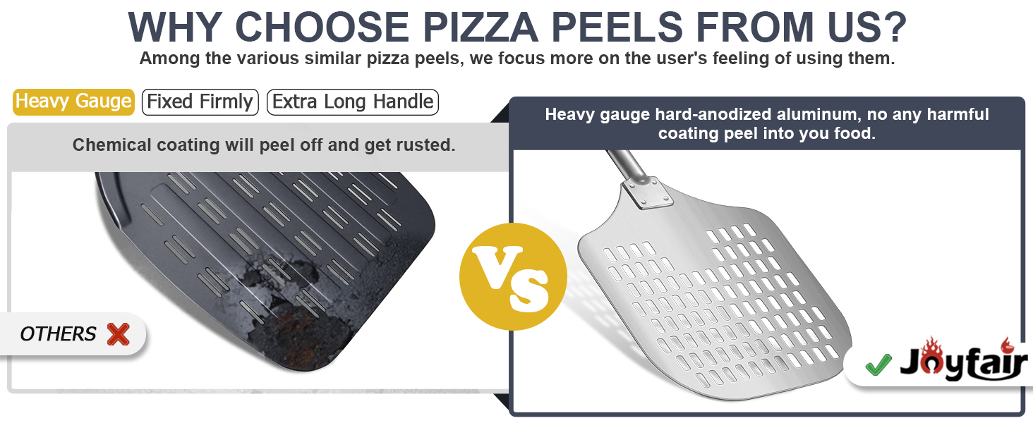 Joyfair 12 Inch Perforated Pizza Peel Aluminum Pizzas Spatula, Metal Pizza Paddle with Rocker Cutter Pizza Oven Accessories Turning Tool Set, 38.5”- 49” Long Detachable Handles (SS Handle)