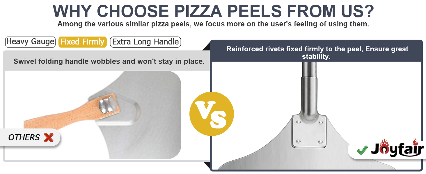 Joyfair 12 Inch Perforated Pizza Peel Aluminum Pizzas Spatula, Metal Pizza Paddle with Rocker Cutter Pizza Oven Accessories Turning Tool Set, 38.5”- 49” Long Detachable Handles (SS Handle)