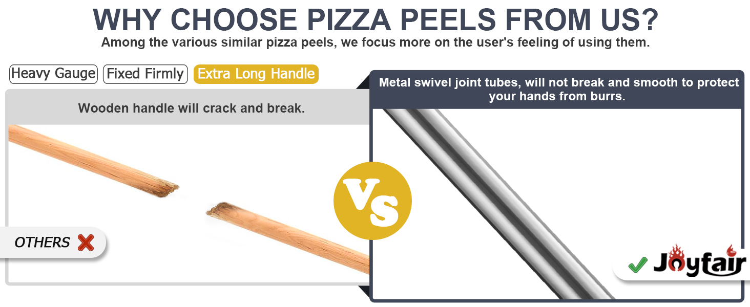 Joyfair 12 Inch Perforated Pizza Peel Aluminum Pizzas Spatula, Metal Pizza Paddle with Rocker Cutter Pizza Oven Accessories Turning Tool Set, 38.5”- 49” Long Detachable Handles (SS Handle)