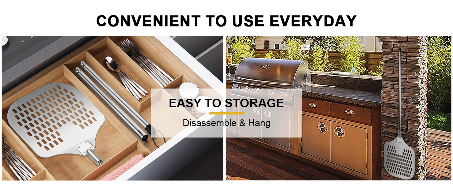 Joyfair 12 Inch Perforated Pizza Peel Aluminum Pizzas Spatula, Metal Pizza Paddle with Rocker Cutter Pizza Oven Accessories Turning Tool Set, 38.5”- 49” Long Detachable Handles (SS Handle)