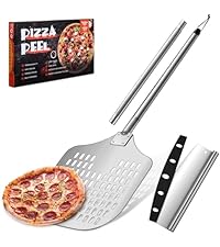 Joyfair 12 Inch Perforated Pizza Peel Aluminum Pizzas Spatula, Metal Pizza Paddle with Rocker Cutter Pizza Oven Accessories Turning Tool Set, 38.5”- 49” Long Detachable Handles (SS Handle)