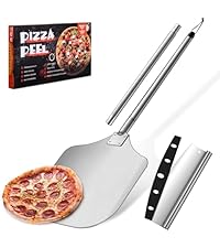 Joyfair 12 Inch Perforated Pizza Peel Aluminum Pizzas Spatula, Metal Pizza Paddle with Rocker Cutter Pizza Oven Accessories Turning Tool Set, 38.5”- 49” Long Detachable Handles (SS Handle)