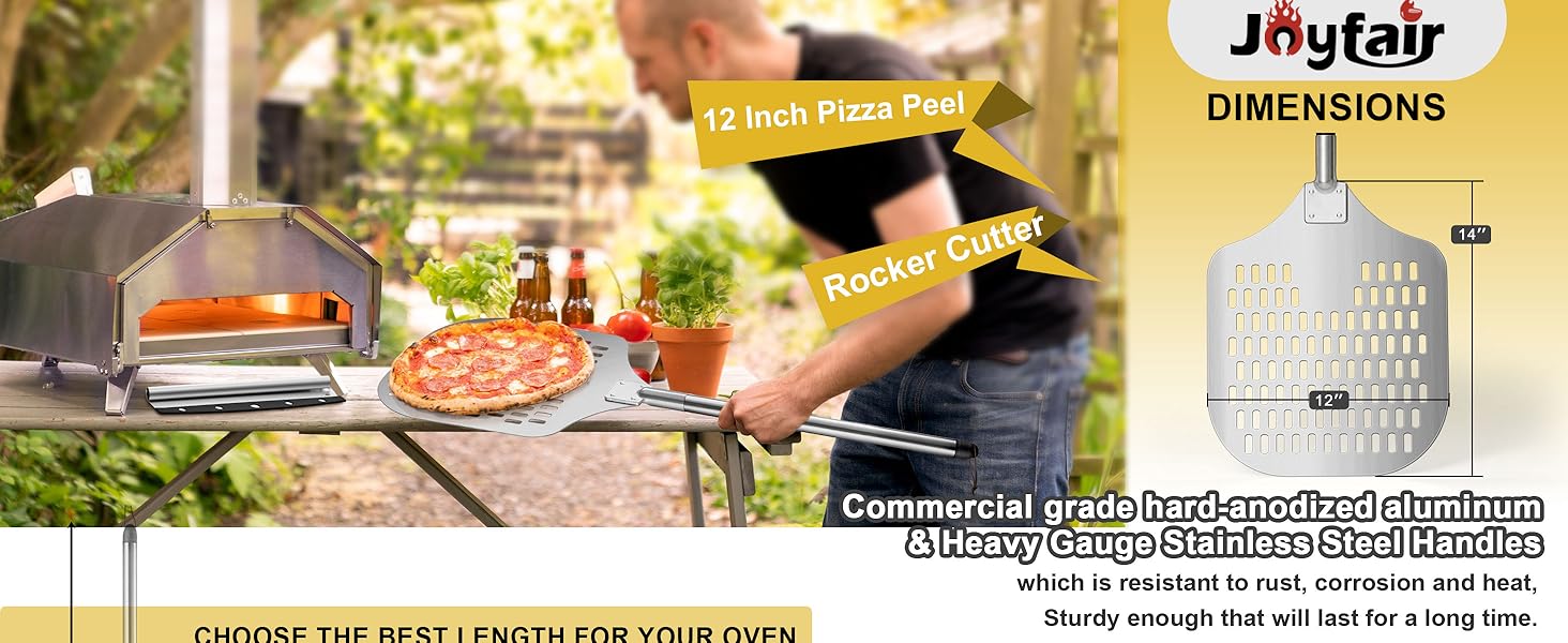 Joyfair 12 Inch Perforated Pizza Peel Aluminum Pizzas Spatula, Metal Pizza Paddle with Rocker Cutter Pizza Oven Accessories Turning Tool Set, 38.5”- 49” Long Detachable Handles (SS Handle)