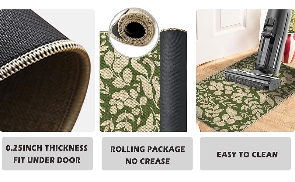 Spring Kitchen Rug and Mat Set of 2 Green Leaves Floor Mat Non Slip Rubber Backing Low-Profile Kitchen Rugs for Floor Summer Kitchen Decor for Home Bath Office- 17x29 and 17x47 Inch