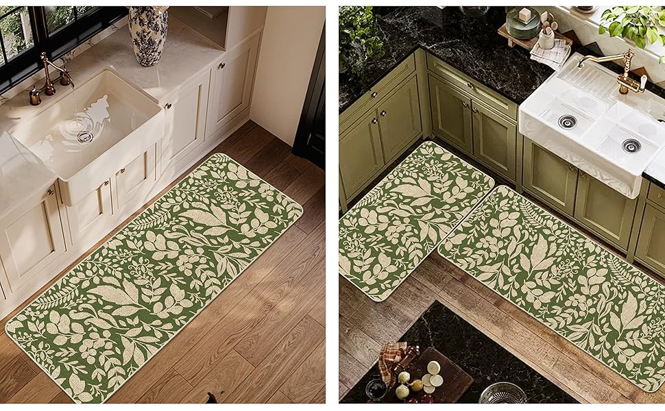Spring Kitchen Rug and Mat Set of 2 Green Leaves Floor Mat Non Slip Rubber Backing Low-Profile Kitchen Rugs for Floor Summer Kitchen Decor for Home Bath Office- 17x29 and 17x47 Inch