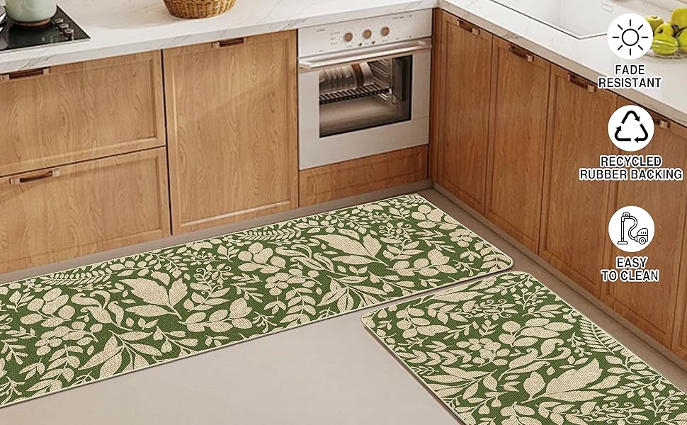 Spring Kitchen Rug and Mat Set of 2 Green Leaves Floor Mat Non Slip Rubber Backing Low-Profile Kitchen Rugs for Floor Summer Kitchen Decor for Home Bath Office- 17x29 and 17x47 Inch