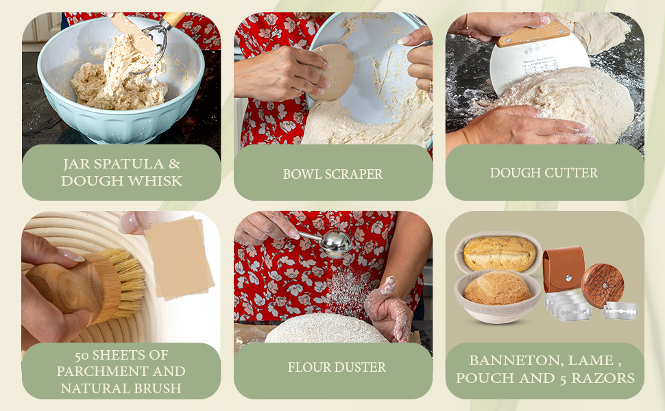 Sourdough Baking Kit Complete Starter Set with Banneton Proofing Basket Bread Lame Dough Scraper Whisk and Guide for Homemade Artisan Bread