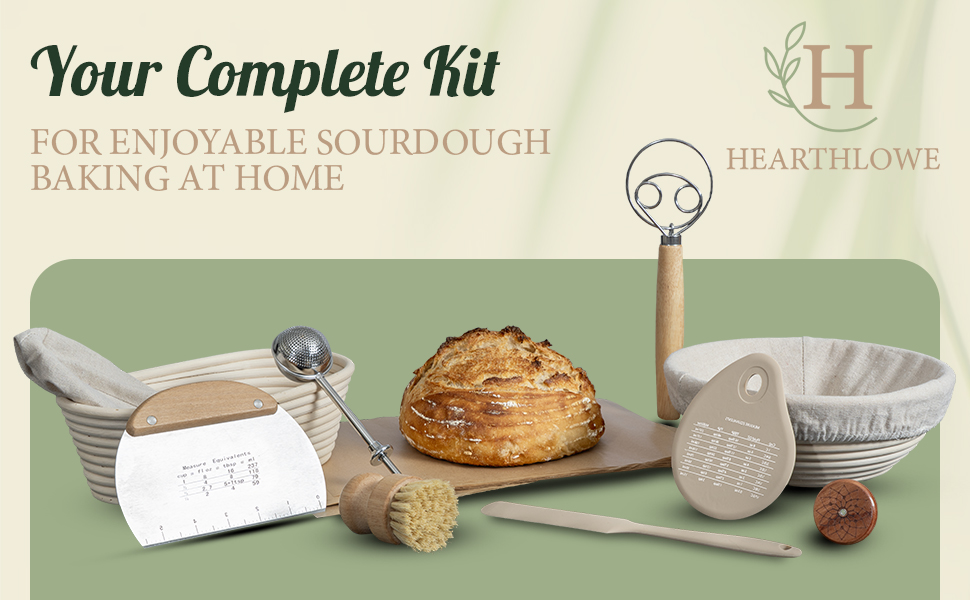 Sourdough Baking Kit Complete Starter Set with Banneton Proofing Basket Bread Lame Dough Scraper Whisk and Guide for Homemade Artisan Bread