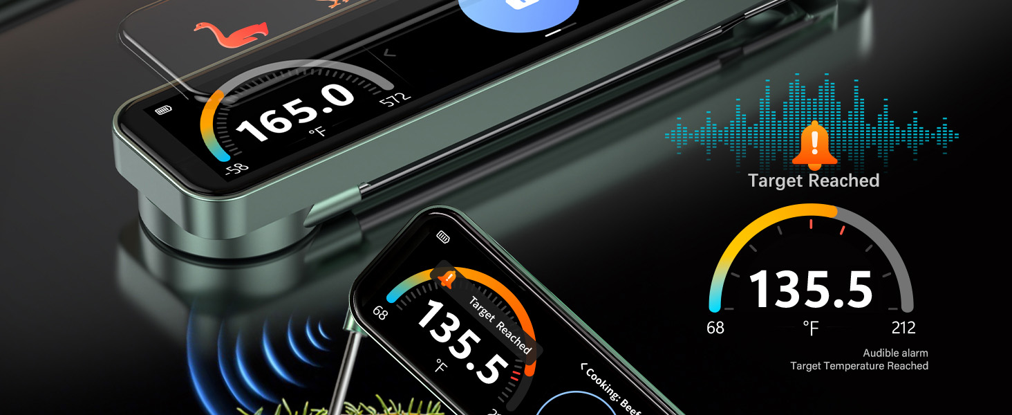 Smart Meat Thermometer Digital 0.5 Sec Instant Read Kitchen Food Thermometer for Cooking Grill Smoker & BBQ, Built-in APP Touchscreen ±0.5°F Accuracy, -58–572°F, USB-C Rechargeable, Gifts for Men