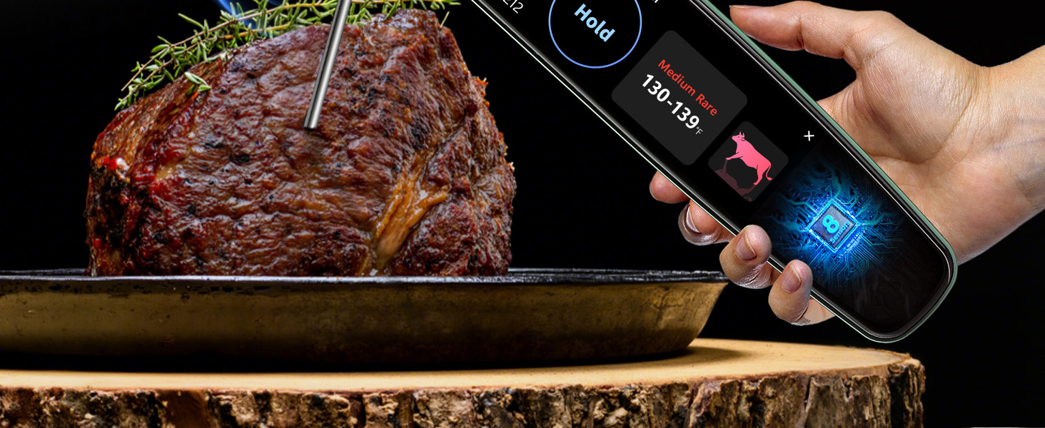 Smart Meat Thermometer Digital 0.5 Sec Instant Read Kitchen Food Thermometer for Cooking Grill Smoker & BBQ, Built-in APP Touchscreen ±0.5°F Accuracy, -58–572°F, USB-C Rechargeable, Gifts for Men