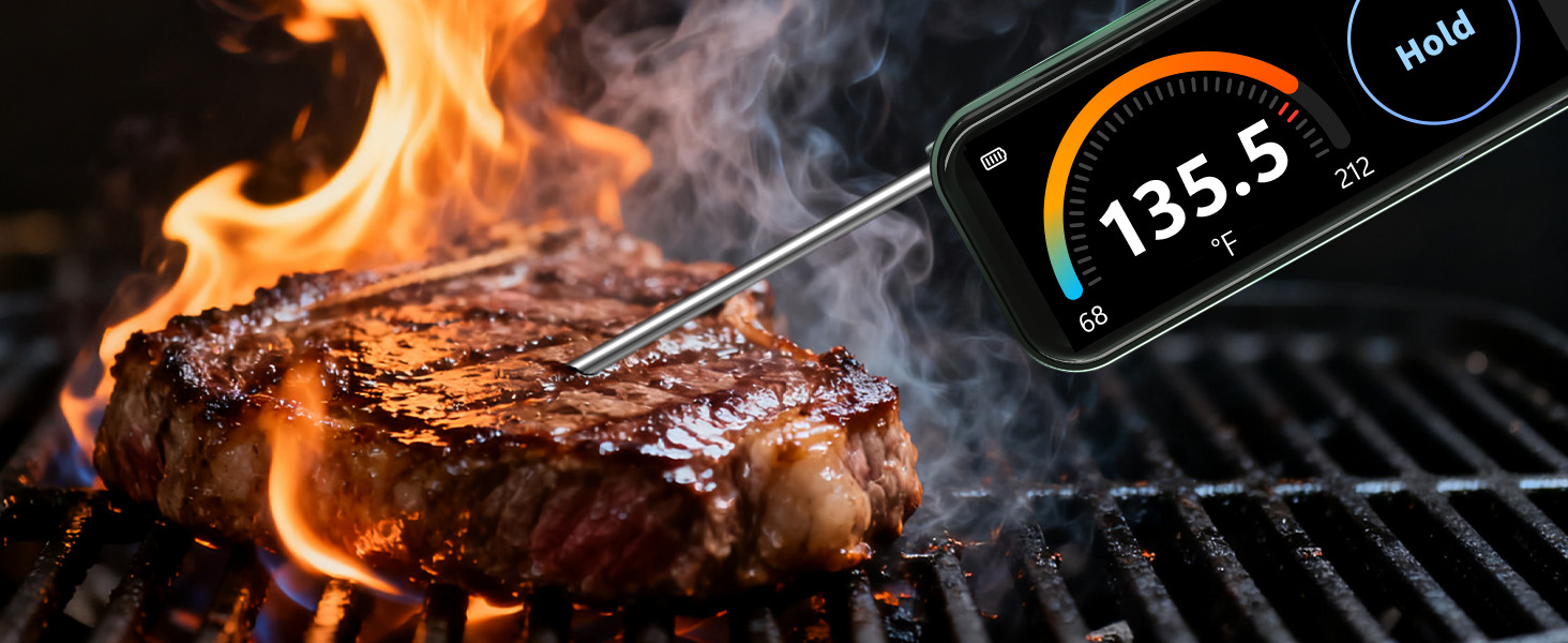 Smart Meat Thermometer Digital 0.5 Sec Instant Read Kitchen Food Thermometer for Cooking Grill Smoker & BBQ, Built-in APP Touchscreen ±0.5°F Accuracy, -58–572°F, USB-C Rechargeable, Gifts for Men