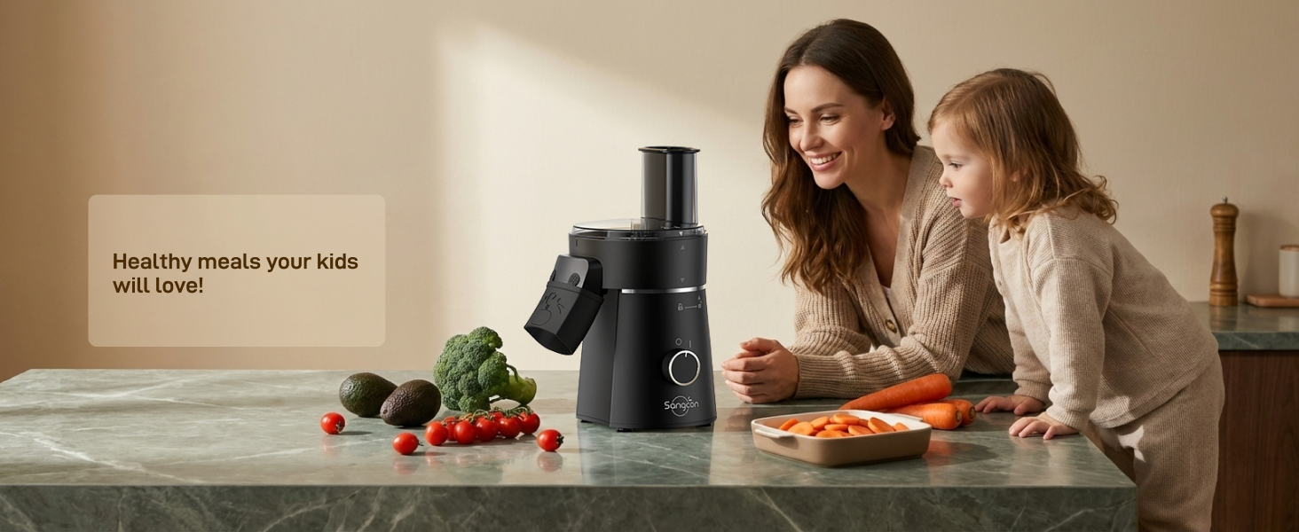 Sangcon Electric Cheese Grater for Block Cheese, 5-in-1 Automatic Salad Shooter & Vegetable Slicer with 5 Stainless Steel Blades, One-Touch Electric Grater for Cheese, Vegetables, Fruits & Nuts