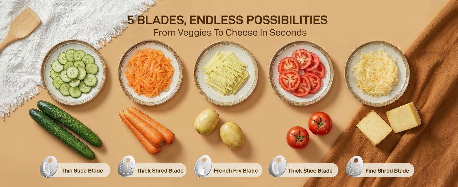 Sangcon Electric Cheese Grater for Block Cheese, 5-in-1 Automatic Salad Shooter & Vegetable Slicer with 5 Stainless Steel Blades, One-Touch Electric Grater for Cheese, Vegetables, Fruits & Nuts