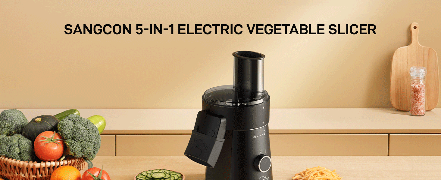 Sangcon Electric Cheese Grater for Block Cheese, 5-in-1 Automatic Salad Shooter & Vegetable Slicer with 5 Stainless Steel Blades, One-Touch Electric Grater for Cheese, Vegetables, Fruits & Nuts