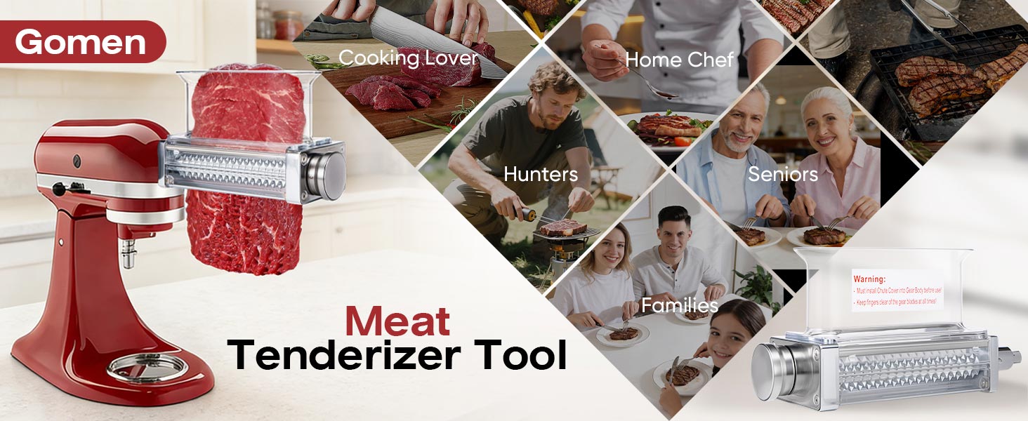 Adjustable Meat Tenderizer Attachment for KitchenAid Stand Mixers 3 Thickness Settings with Wide Metal Wheel & Tall Chute Meat Tenderizer Tool (meat tenderizer)