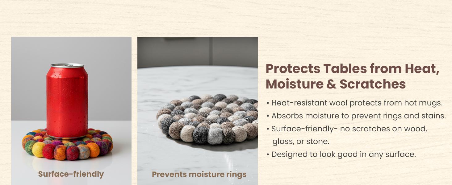 Round Felt Ball Coasters - 100% Merino Wool Table Coasters - Felt Coaster Pads, Absorbent Trivet for Drinks - Heat Resistant, Thick & Durable Hand Felted - Woolygon - Multicolor Set of 5 (Rainbow)