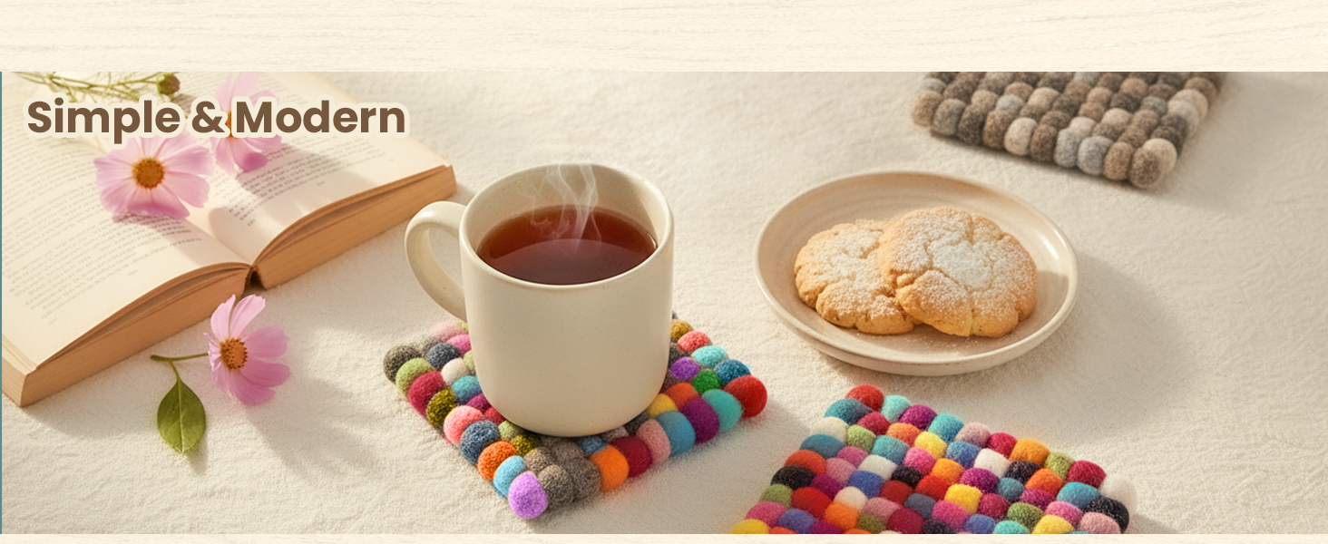 Round Felt Ball Coasters - 100% Merino Wool Table Coasters - Felt Coaster Pads, Absorbent Trivet for Drinks - Heat Resistant, Thick & Durable Hand Felted - Woolygon - Multicolor Set of 5 (Rainbow)