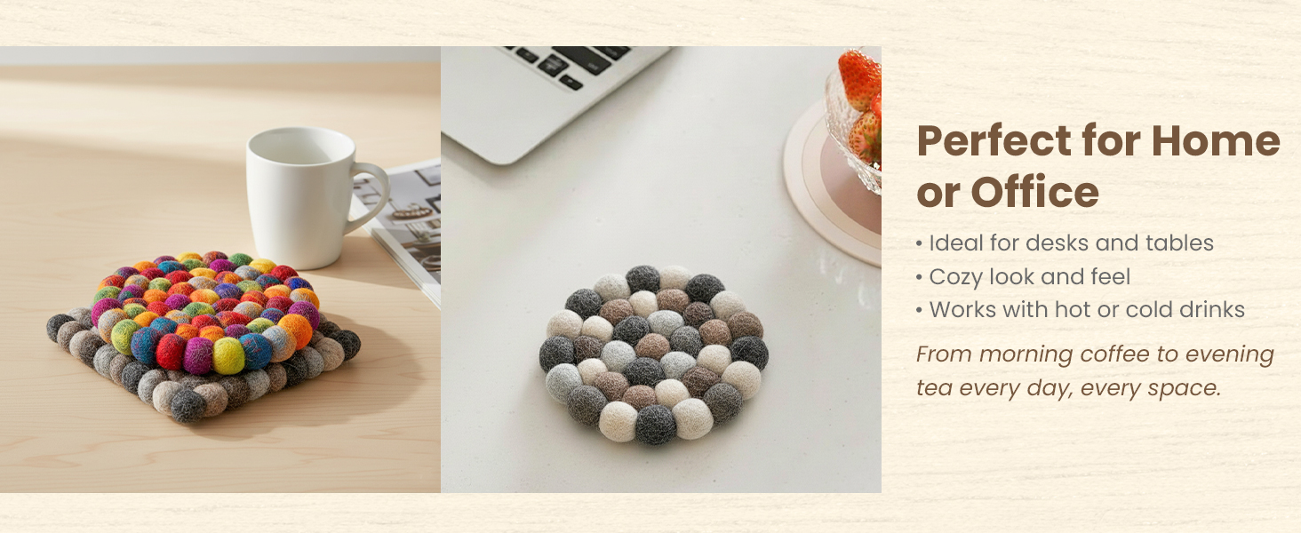 Round Felt Ball Coasters - 100% Merino Wool Table Coasters - Felt Coaster Pads, Absorbent Trivet for Drinks - Heat Resistant, Thick & Durable Hand Felted - Woolygon - Multicolor Set of 5 (Rainbow)