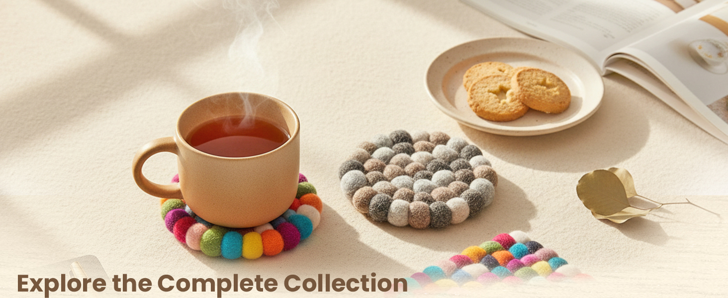 Round Felt Ball Coasters - 100% Merino Wool Table Coasters - Felt Coaster Pads, Absorbent Trivet for Drinks - Heat Resistant, Thick & Durable Hand Felted - Woolygon - Multicolor Set of 5 (Rainbow)