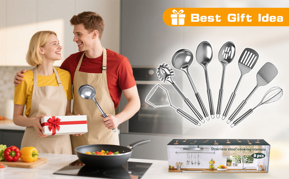 8 Pcs Cooking Utensils Set, Stainless Steel Kitchen Utensils, Heat Resistant Metal Kitchen Tools Include Solid & Slotted Spatula, Serving Spoon, Ladle, Pasta Server,Potato Maseher, Egg Whisk, Silver