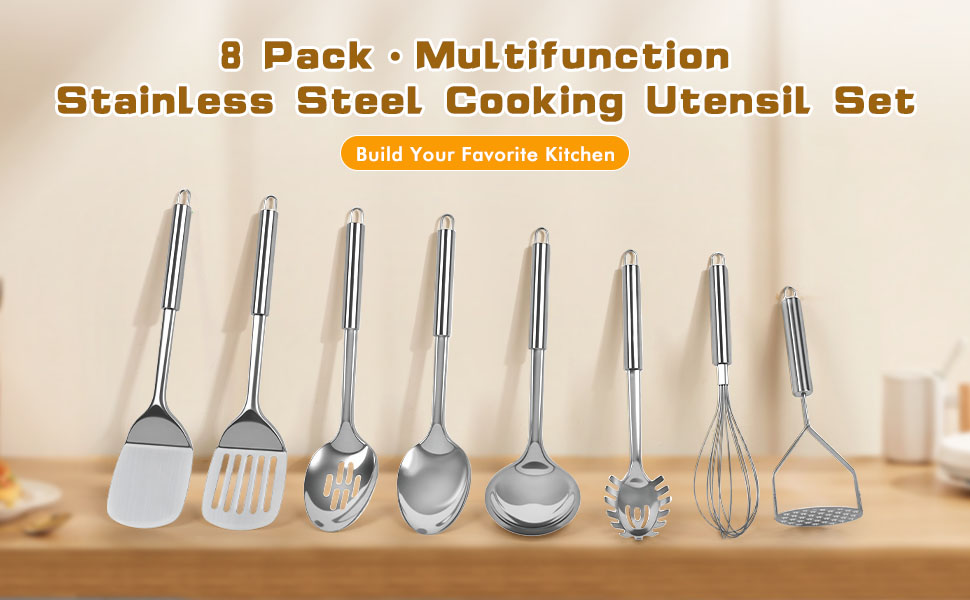8 Pcs Cooking Utensils Set, Stainless Steel Kitchen Utensils, Heat Resistant Metal Kitchen Tools Include Solid & Slotted Spatula, Serving Spoon, Ladle, Pasta Server,Potato Maseher, Egg Whisk, Silver