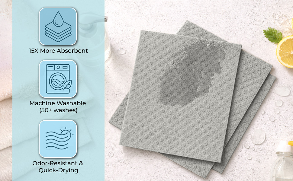 Swedish Dishcloths 12 Pack - Reusable Paper Towels for Kitchen, Absorbent Cellulose Sponge Cleaning Cloths, Washable Dish Rags, Quick Drying Kitchen Towels, Paper Towel Alternative by Organic Origin