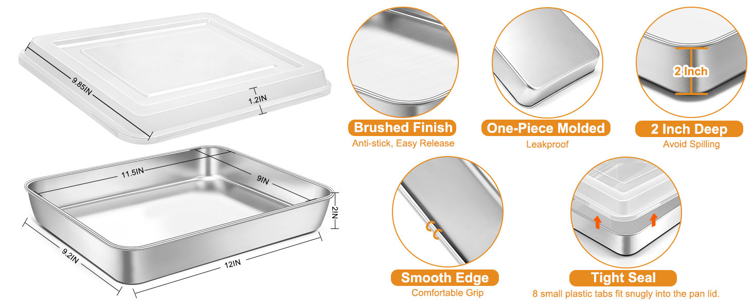 Stainless Steel Baking Pan with Lid, 12⅓ x 9¾ x 2 Inch Deep Rectangle Cake Pans with Cover for Cakes, Brownies, Cookies, Deep Side & Heavy Duty,Dishwasher & fridge & Oven Safe(2 Pans + 2 Lids)