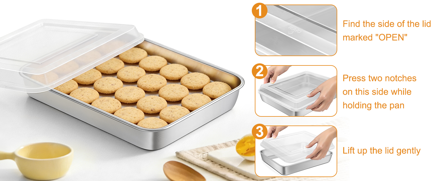 Stainless Steel Baking Pan with Lid, 12⅓ x 9¾ x 2 Inch Deep Rectangle Cake Pans with Cover for Cakes, Brownies, Cookies, Deep Side & Heavy Duty,Dishwasher & fridge & Oven Safe(2 Pans + 2 Lids)