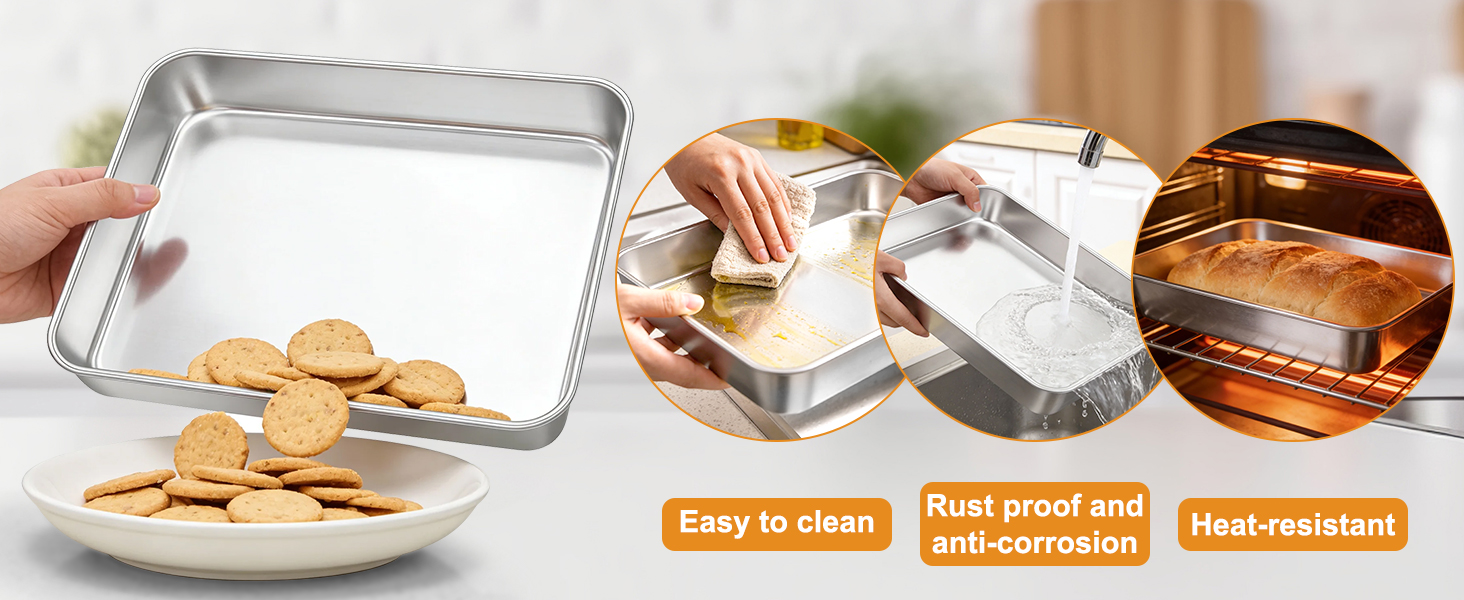 Stainless Steel Baking Pan with Lid, 12⅓ x 9¾ x 2 Inch Deep Rectangle Cake Pans with Cover for Cakes, Brownies, Cookies, Deep Side & Heavy Duty,Dishwasher & fridge & Oven Safe(2 Pans + 2 Lids)