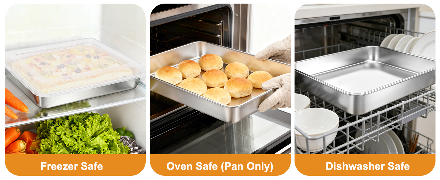 Stainless Steel Baking Pan with Lid, 12⅓ x 9¾ x 2 Inch Deep Rectangle Cake Pans with Cover for Cakes, Brownies, Cookies, Deep Side & Heavy Duty,Dishwasher & fridge & Oven Safe(2 Pans + 2 Lids)