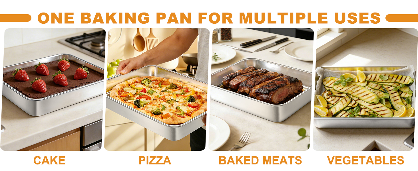 Stainless Steel Baking Pan with Lid, 12⅓ x 9¾ x 2 Inch Deep Rectangle Cake Pans with Cover for Cakes, Brownies, Cookies, Deep Side & Heavy Duty,Dishwasher & fridge & Oven Safe(2 Pans + 2 Lids)