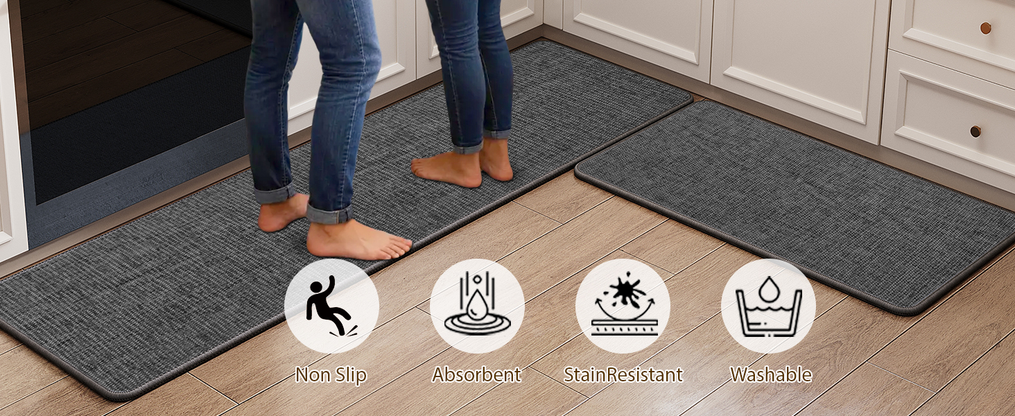 Non Slip Kitchen Mat Rugs Sets of 2, Rubber Backing Linen-Like Thin Kitchen Mats for Floor 2 Piece Kitchen Runner Rug Washable Absorbent Standing Sink Mat, Dark Gray 17