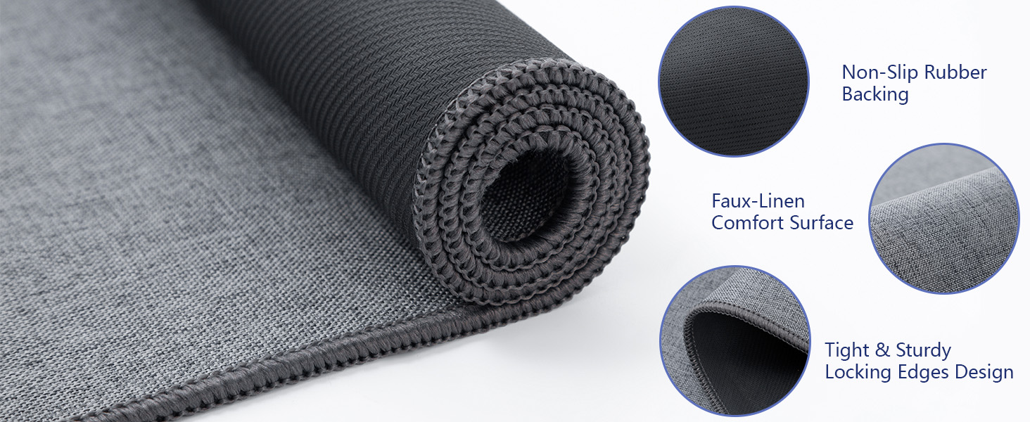 Non Slip Kitchen Mat Rugs Sets of 2, Rubber Backing Linen-Like Thin Kitchen Mats for Floor 2 Piece Kitchen Runner Rug Washable Absorbent Standing Sink Mat, Dark Gray 17