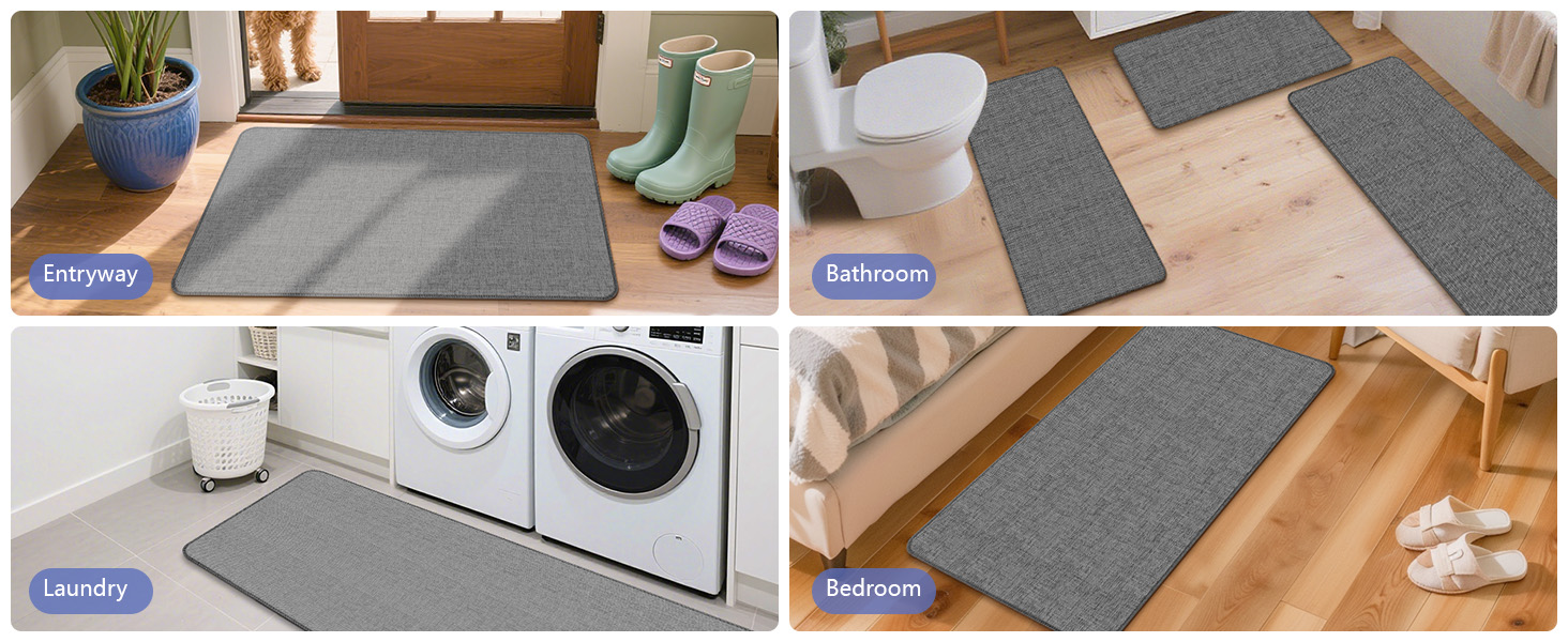 Non Slip Kitchen Mat Rugs Sets of 2, Rubber Backing Linen-Like Thin Kitchen Mats for Floor 2 Piece Kitchen Runner Rug Washable Absorbent Standing Sink Mat, Dark Gray 17