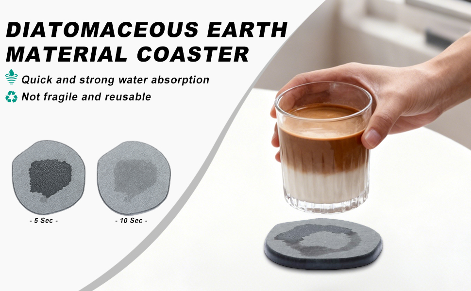 Azhou 6Pcs Absorbent Diatomaceous Earth Coasters Set with Holder - 4 Inch Quick-Dry Stone Coasters with Scratch-Resistant Surface & Velvet Base, Reusable Home Decor for Coffee Bar, Office Desk